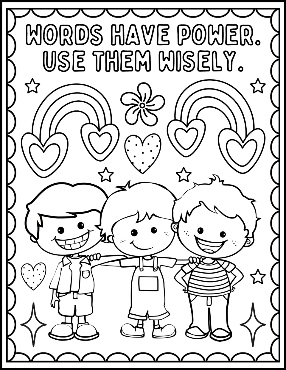 Words Have Power. Use Them Wisely: students color three smiling boys arm in arm under two rainbows ending in hearts