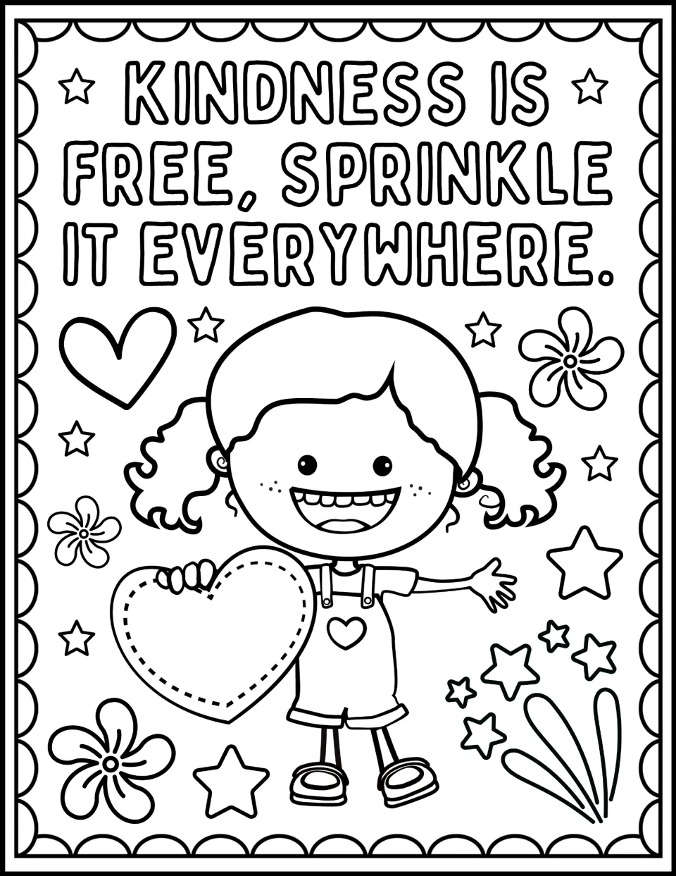 Kindness Is Free, Sprinkle It Everywhere: students color a grinning girl in overalls holding a stitched heart, with flowers
