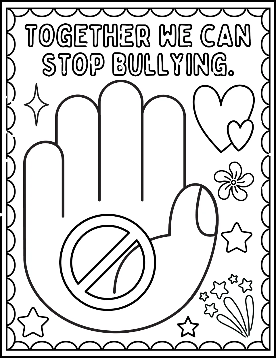 Together We Can Stop Bullying: students color a raised open hand with a no symbol on its palm, plus hearts and a flower