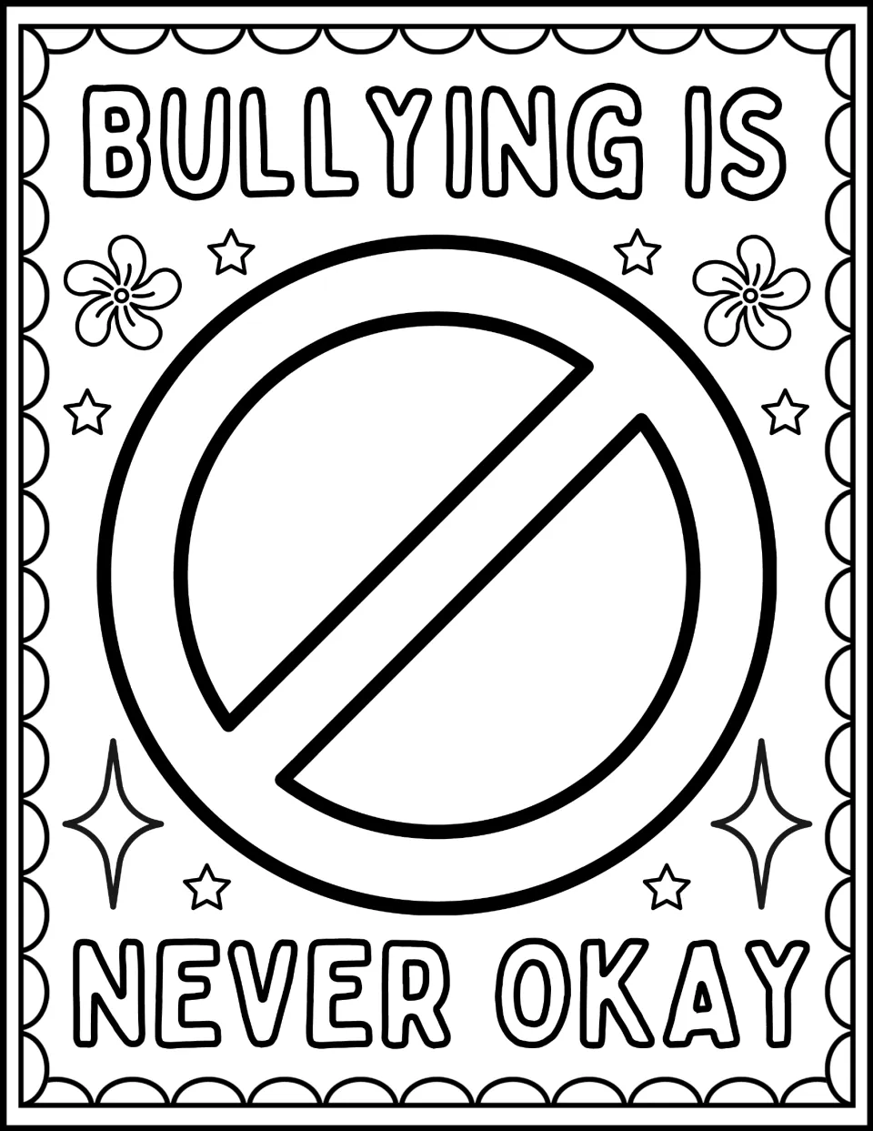 Bullying Is Never Okay: students color a large prohibition sign, a circle with a slash, surrounded by flowers and stars
