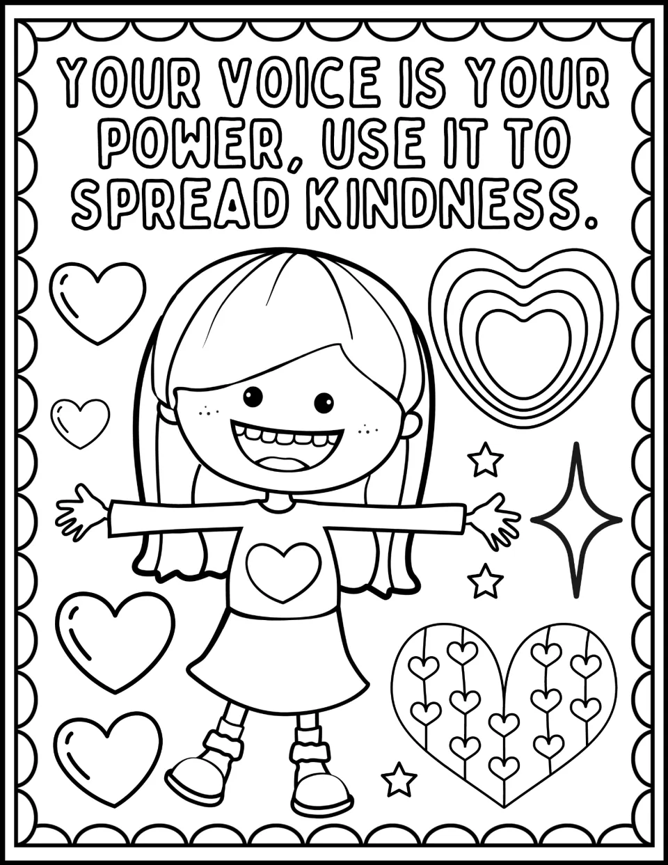 Your Voice Is Your Power, Use It to Spread Kindness: students color a cheerful girl with open arms surrounded by hearts