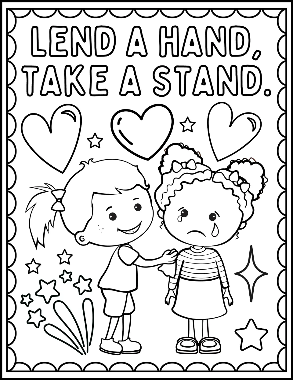 Lend a Hand, Take a Stand: students color a girl comforting a crying classmate with a hand on the shoulder, below hearts
