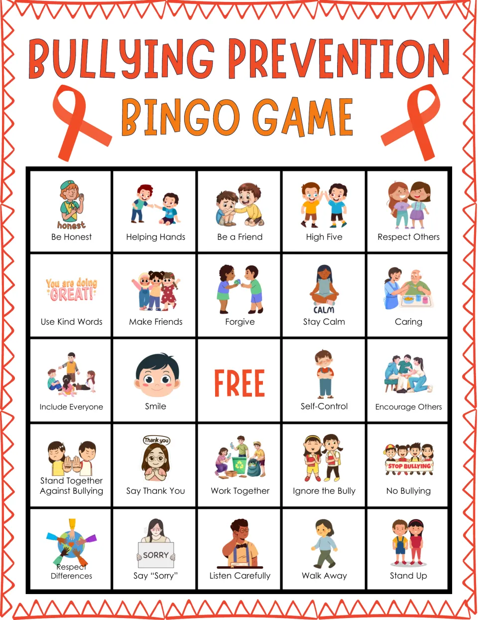 Bullying prevention bingo card: students mark illustrated kind acts such as Be Honest, Be a Friend and High Five