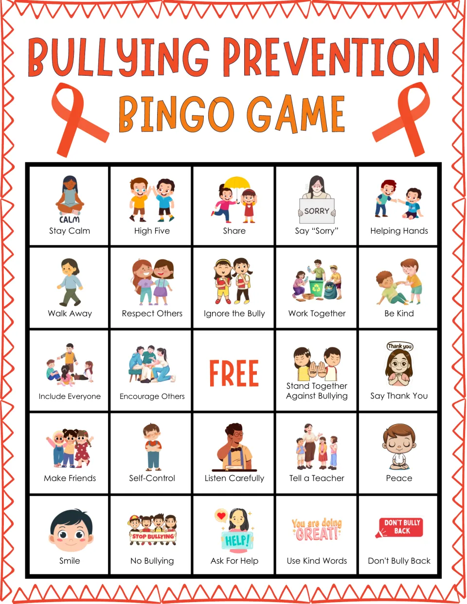 Anti-bullying bingo card: students cover pictured actions like Stay Calm, Share and Say Sorry, with a FREE center