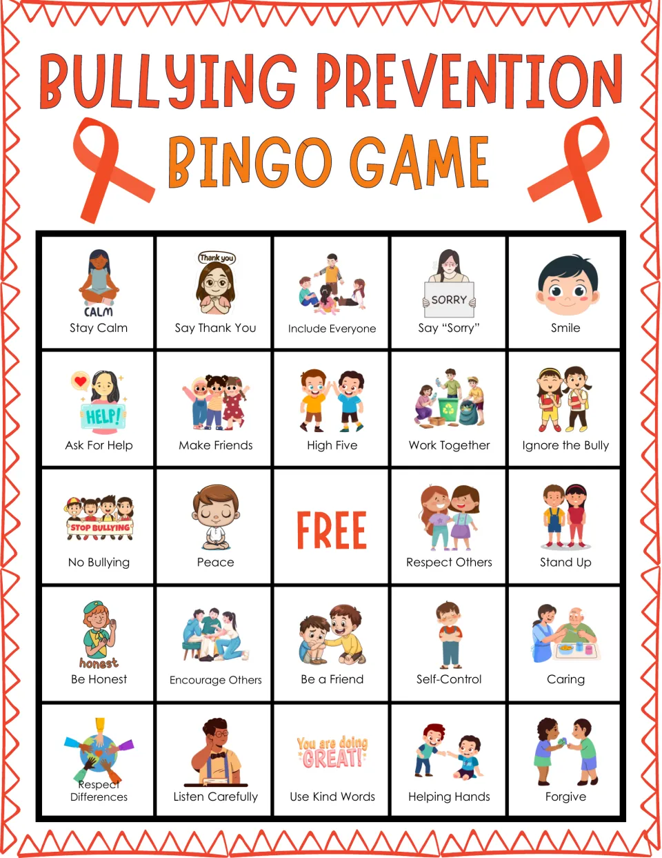 Kindness bingo card: students listen for and mark Say Thank You, Include Everyone, Smile and other friendly actions