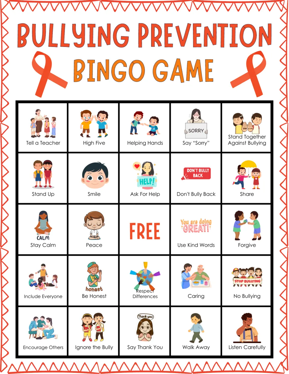 Bullying prevention bingo card: players mark Tell a Teacher, Stand Together Against Bullying and Ask For Help squares