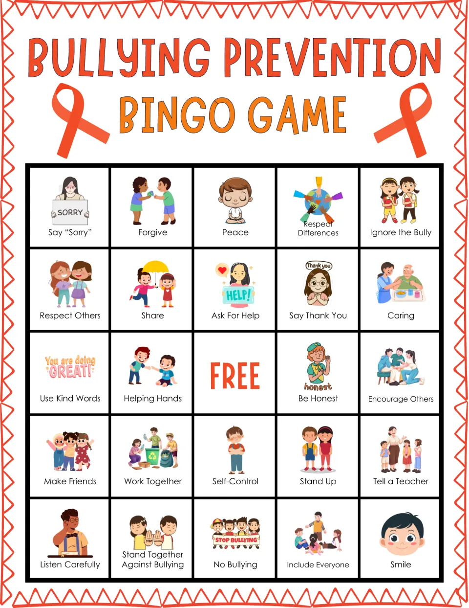 Anti-bullying bingo card: students find pictured actions like Forgive, Peace, Respect Differences and Ignore the Bully