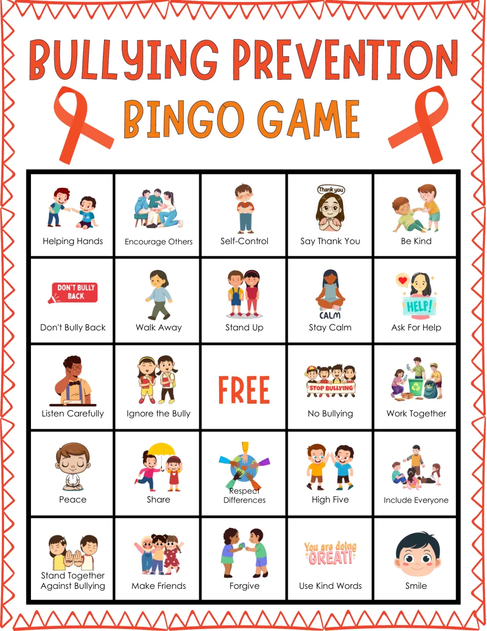 Kindness bingo card: students mark Encourage Others, Self-Control, Be Kind and Don't Bully Back as each one is called