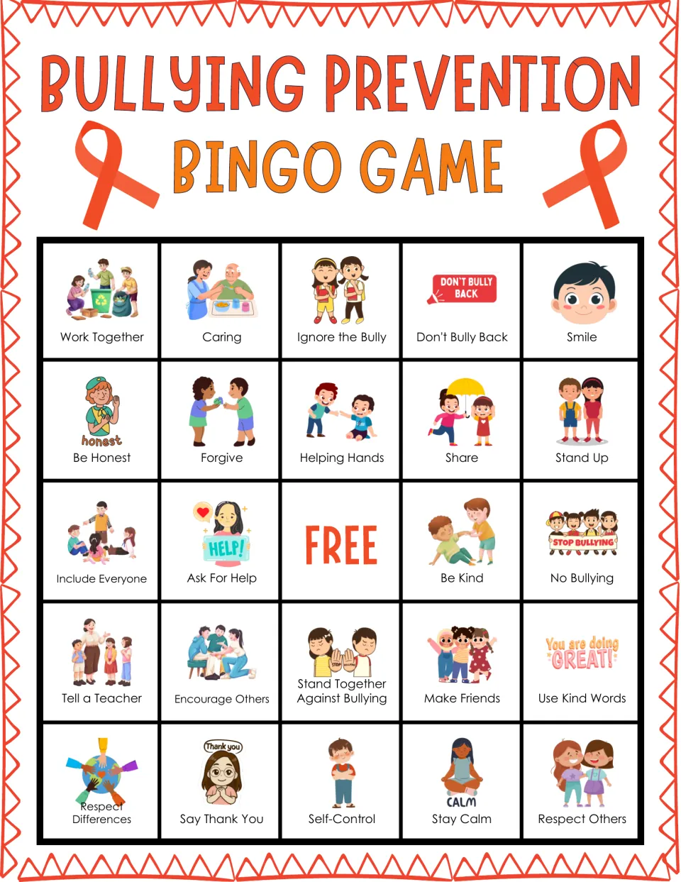 Bullying prevention bingo card: players cover Work Together, Caring, Ignore the Bully and Don't Bully Back pictures