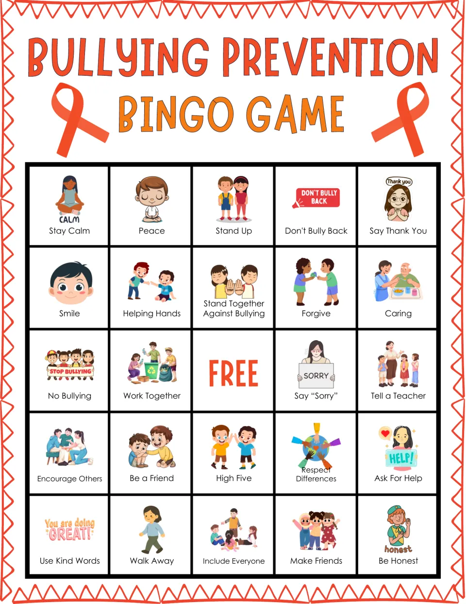 Anti-bullying bingo card: students mark kind choices like Peace, Stand Up, Say Thank You and Be a Friend