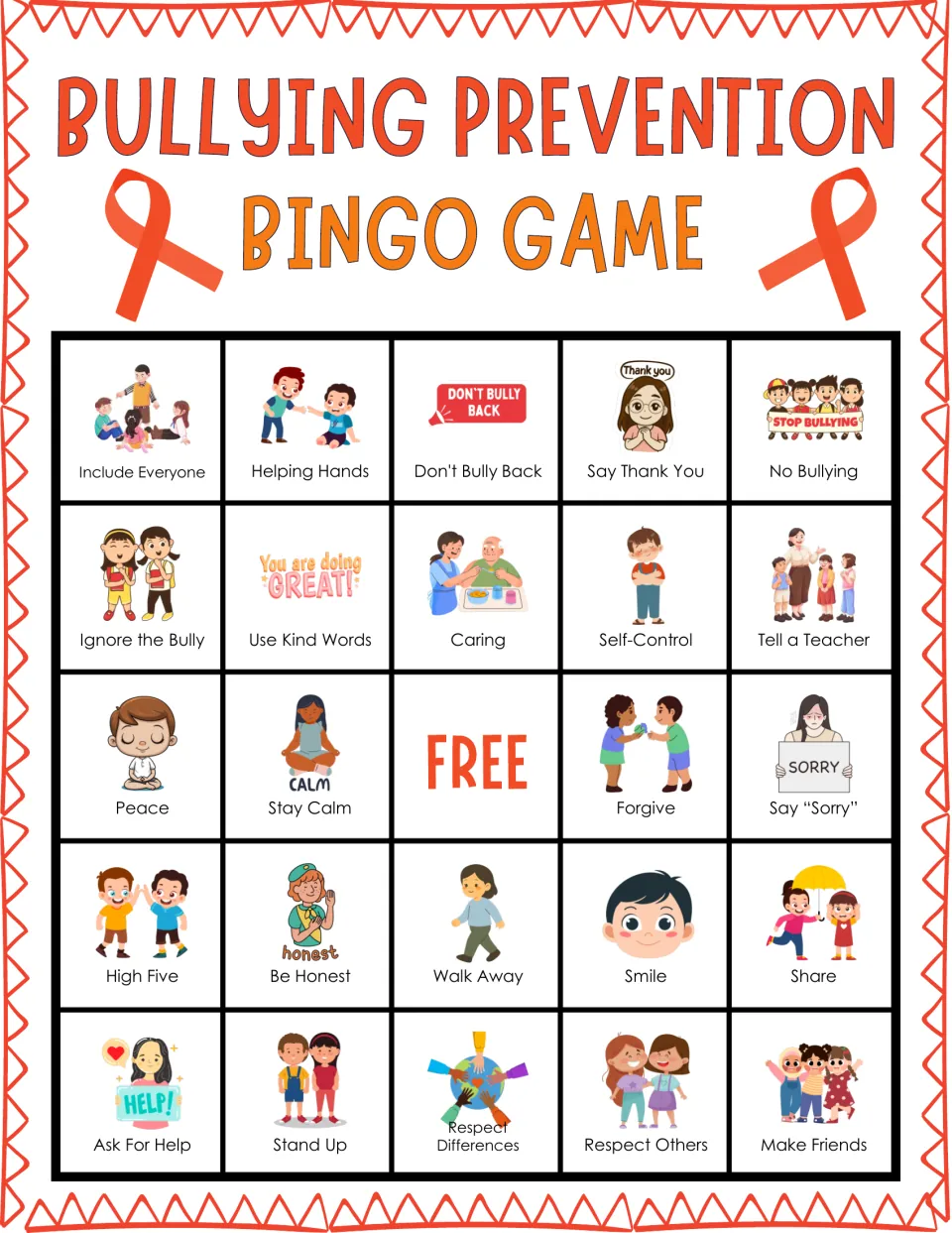 Kindness bingo card: students cover pictured cues like Include Everyone, No Bullying and Use Kind Words as they are called