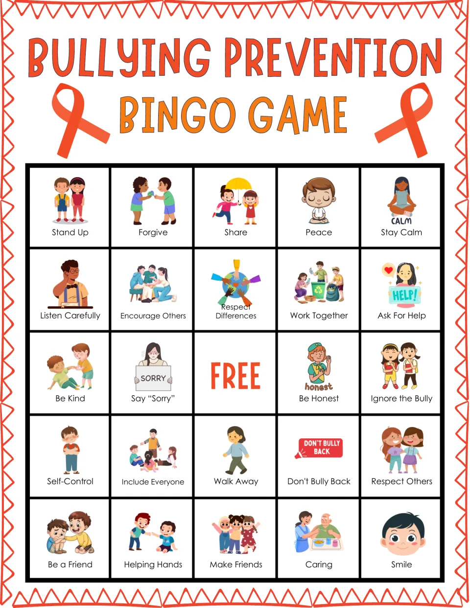 Bullying prevention bingo card: players mark Stand Up, Forgive, Share, Listen Carefully and Walk Away picture squares