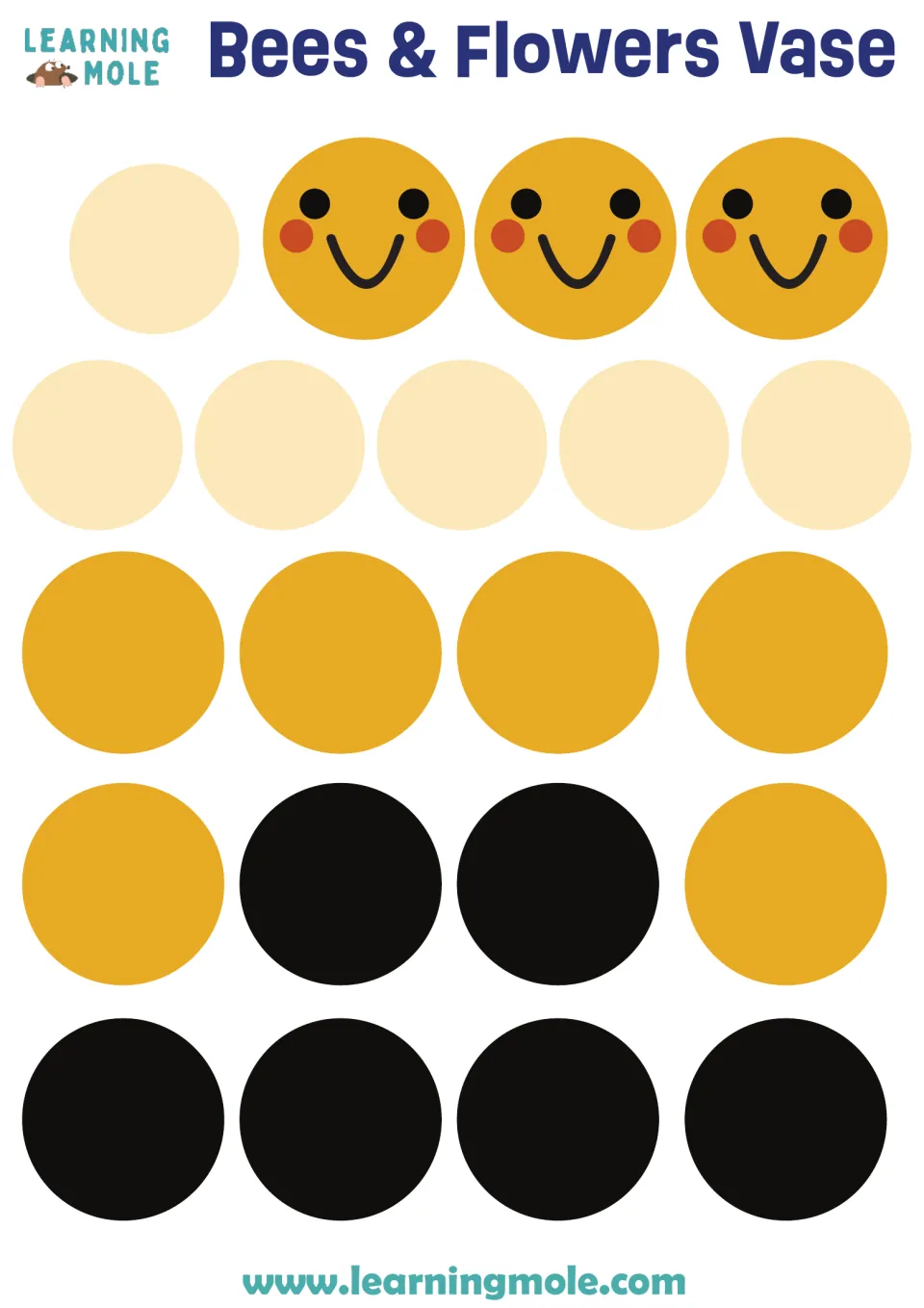 Bees & Flowers Vase cut-out pieces: 3 smiley bee faces plus pale, yellow and black circles to cut and build bees