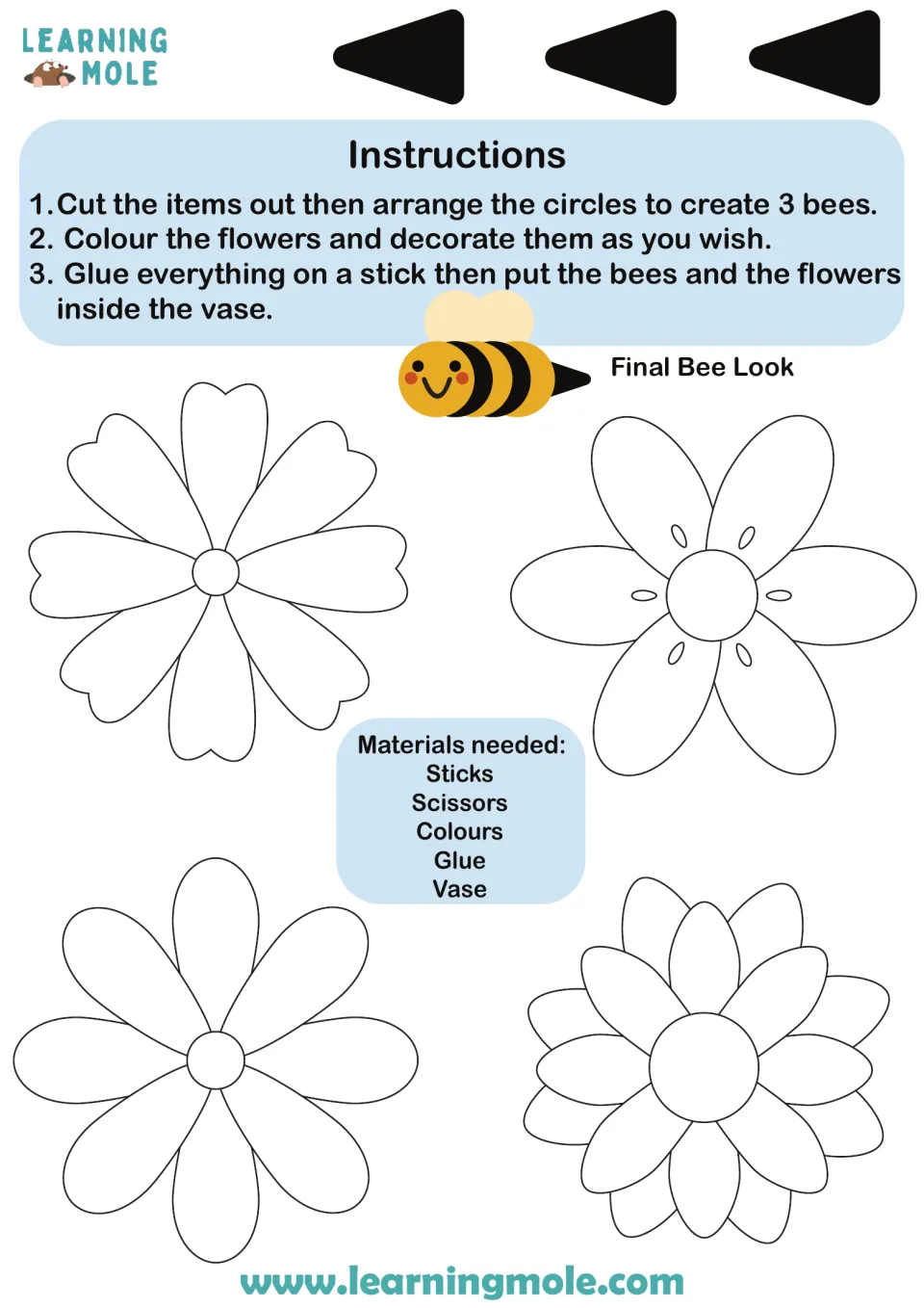 Bee craft steps: cut, colour 4 flower outlines, stick bees and flowers in a vase; shows a sample bee and 3 stinger pieces