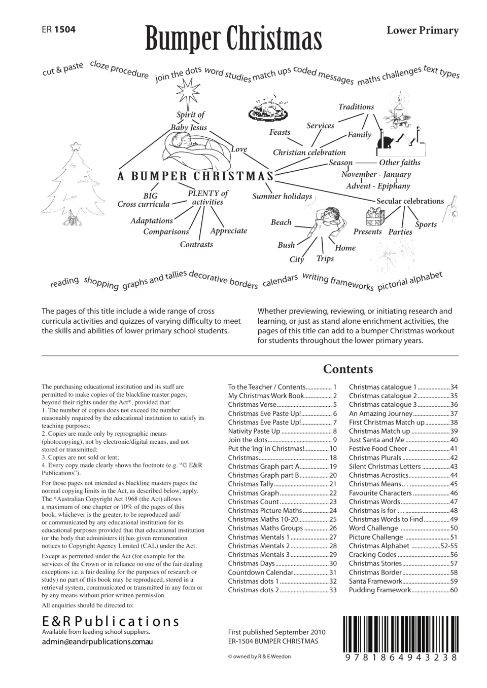 Teacher introduction and contents listing Christmas literacy, math, and craft activities on pages 1–60