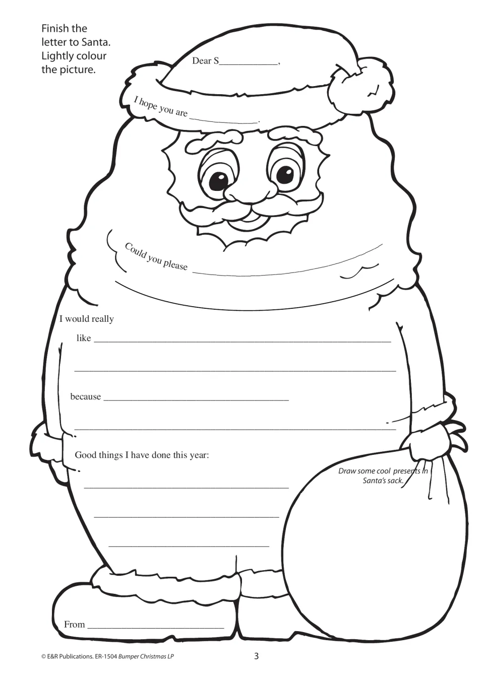 Christmas letter-writing activity using a Santa figure, prompts for gift requests, and good deeds this year