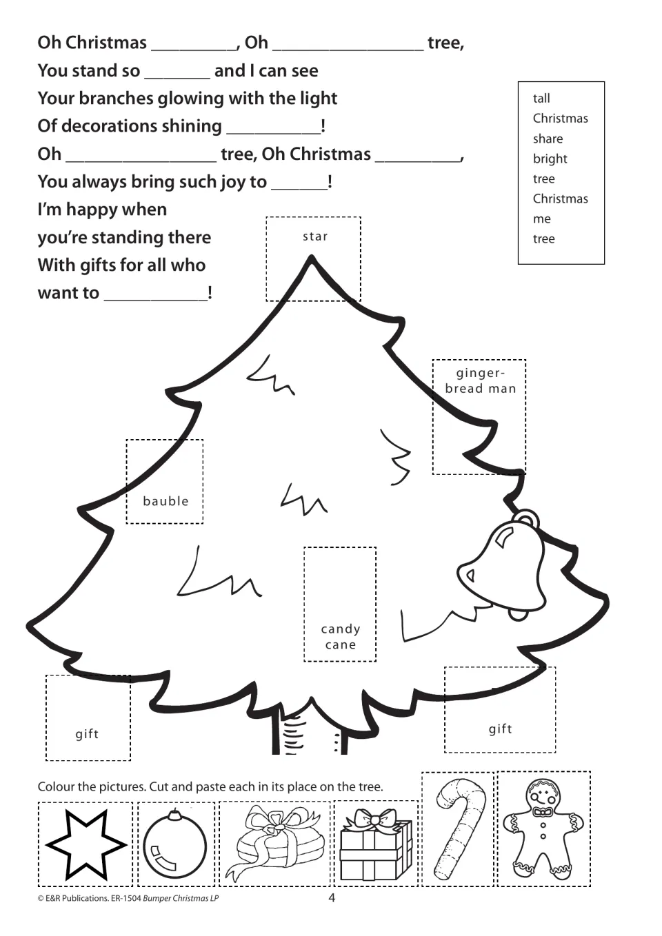 Christmas tree activity combining a song cloze with a word bank and six decorations to color, cut, and paste