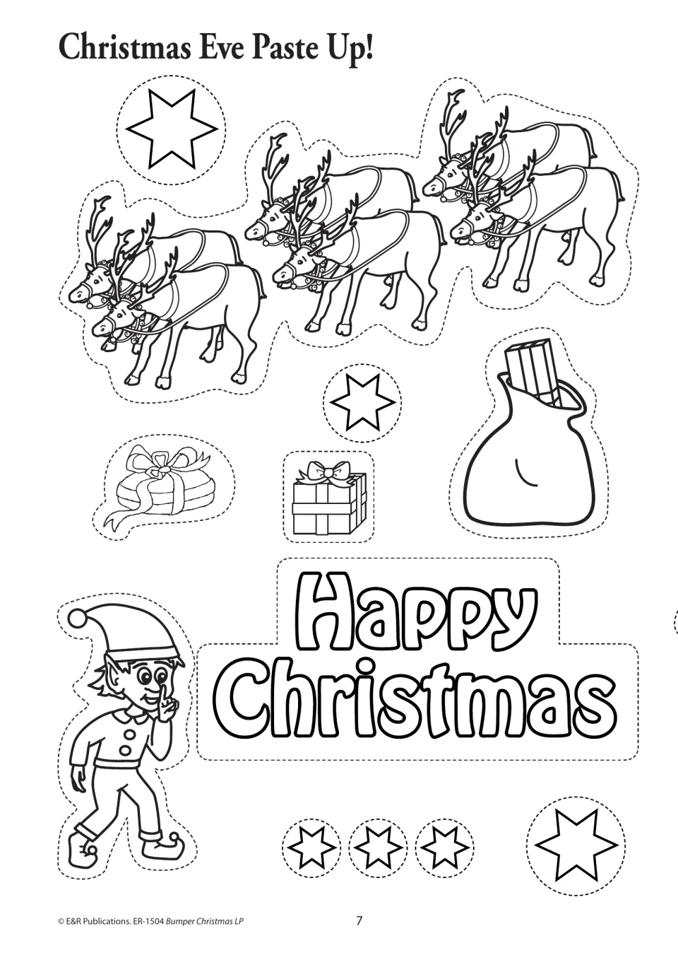 Second Christmas Eve paste-up sheet with six reindeer, gifts, an elf, stars, and a 'Happy Christmas' cutout