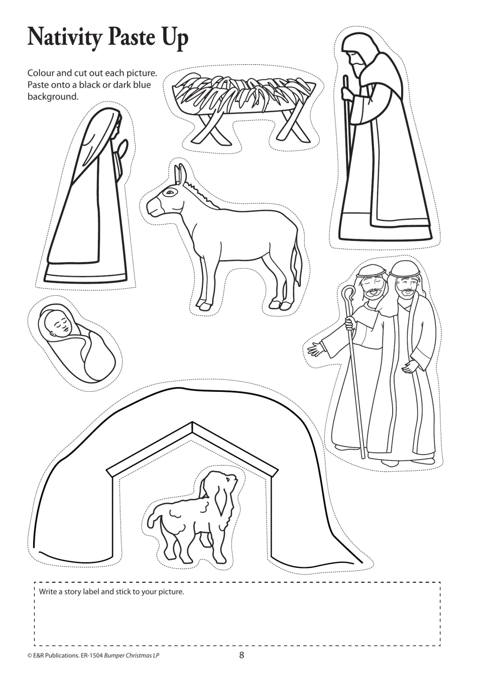 Nativity paste-up activity with Mary, Joseph, baby Jesus, shepherds, animals, and a stable to color and cut