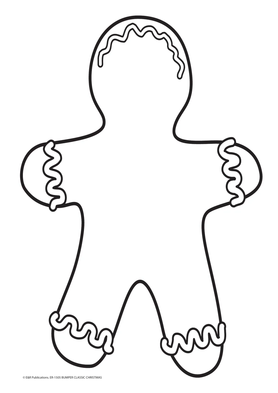 Christmas coloring template featuring a gingerbread person with icing details on the head, arms, and legs