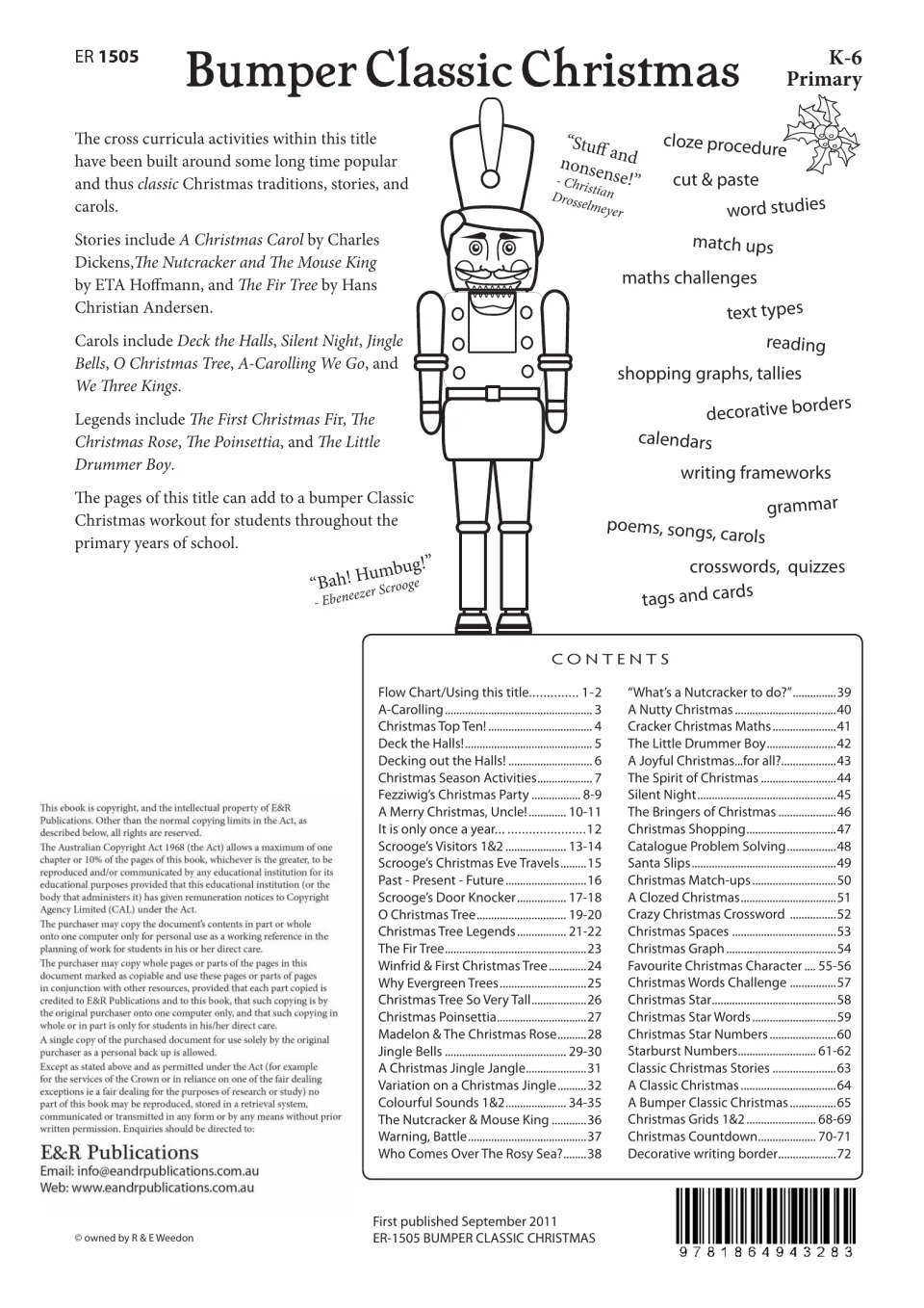 Introduction and contents listing Christmas stories, carols, legends, and activities, plus copying permissions
