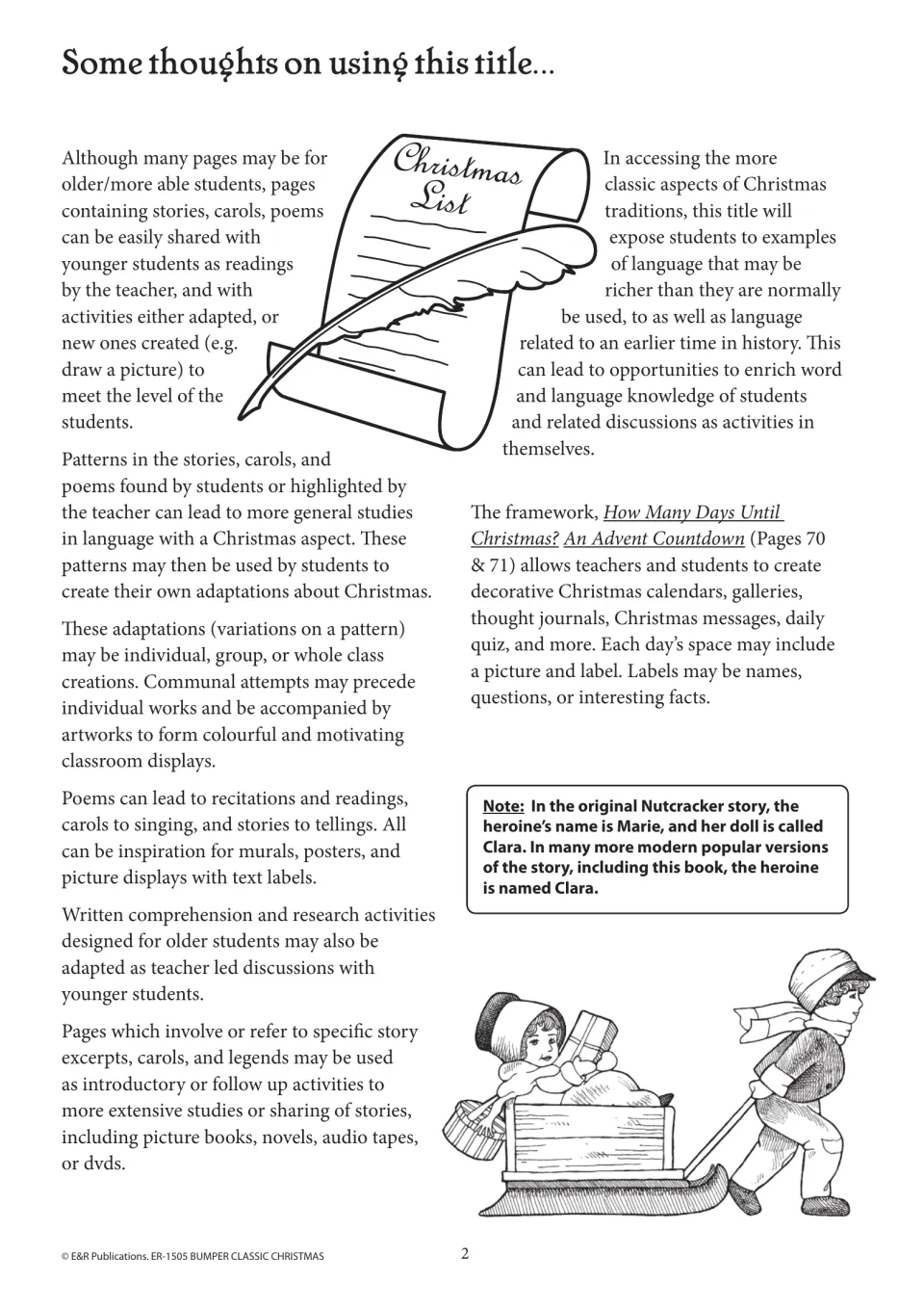Teacher guidance on adapting Christmas readings and writing tasks, creating displays, and using an Advent countdown