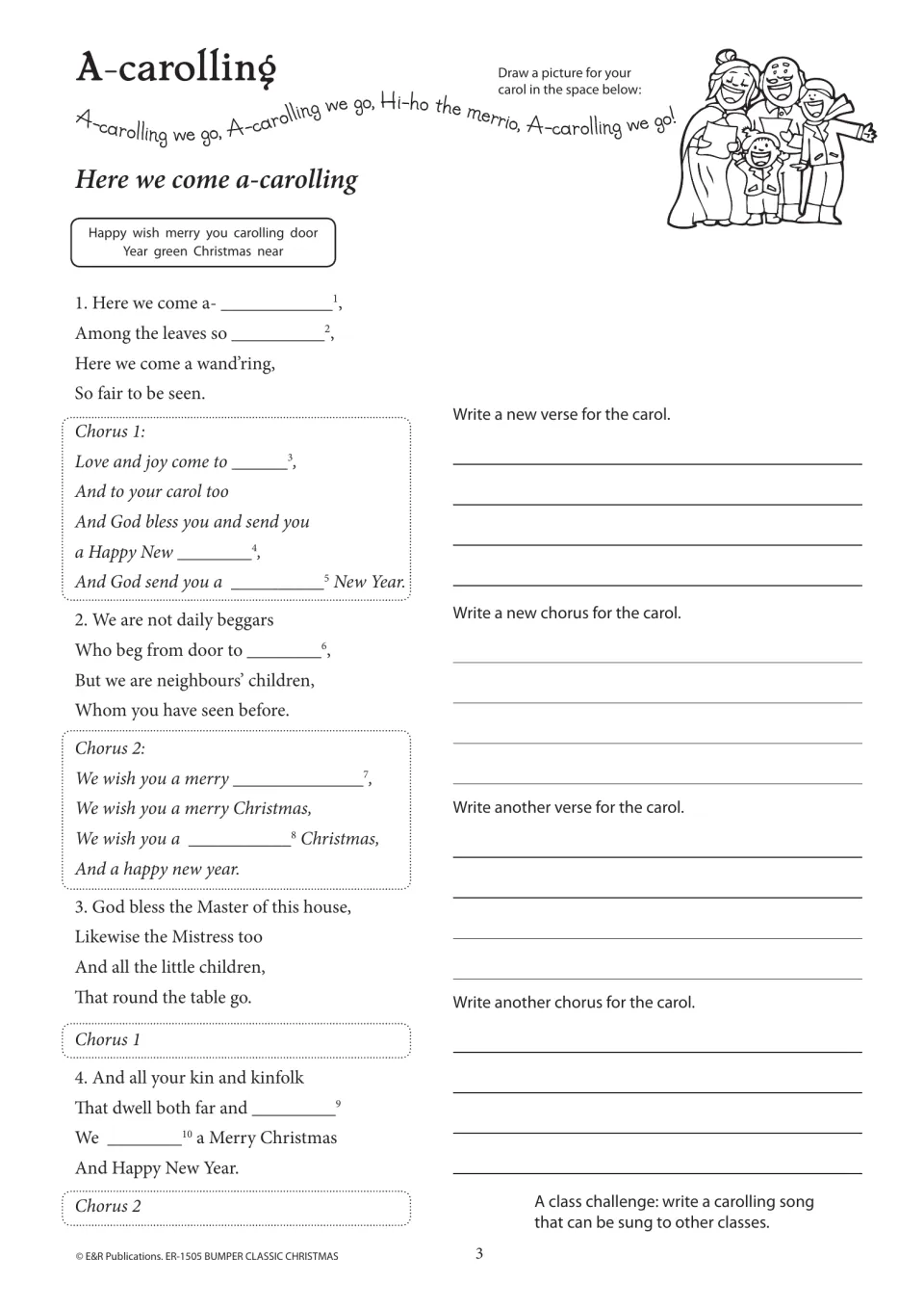 A-carolling activity asks students to fill missing lyrics, draw a picture, and write new verses and choruses