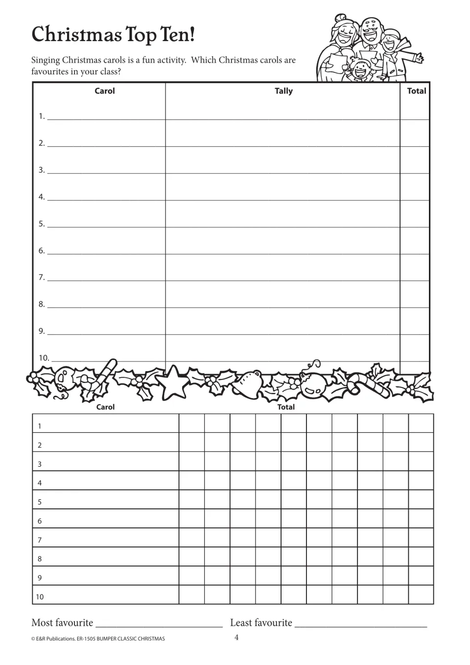 Christmas Top Ten activity records class carol favorites using tallies, totals, and a graph to compare choices