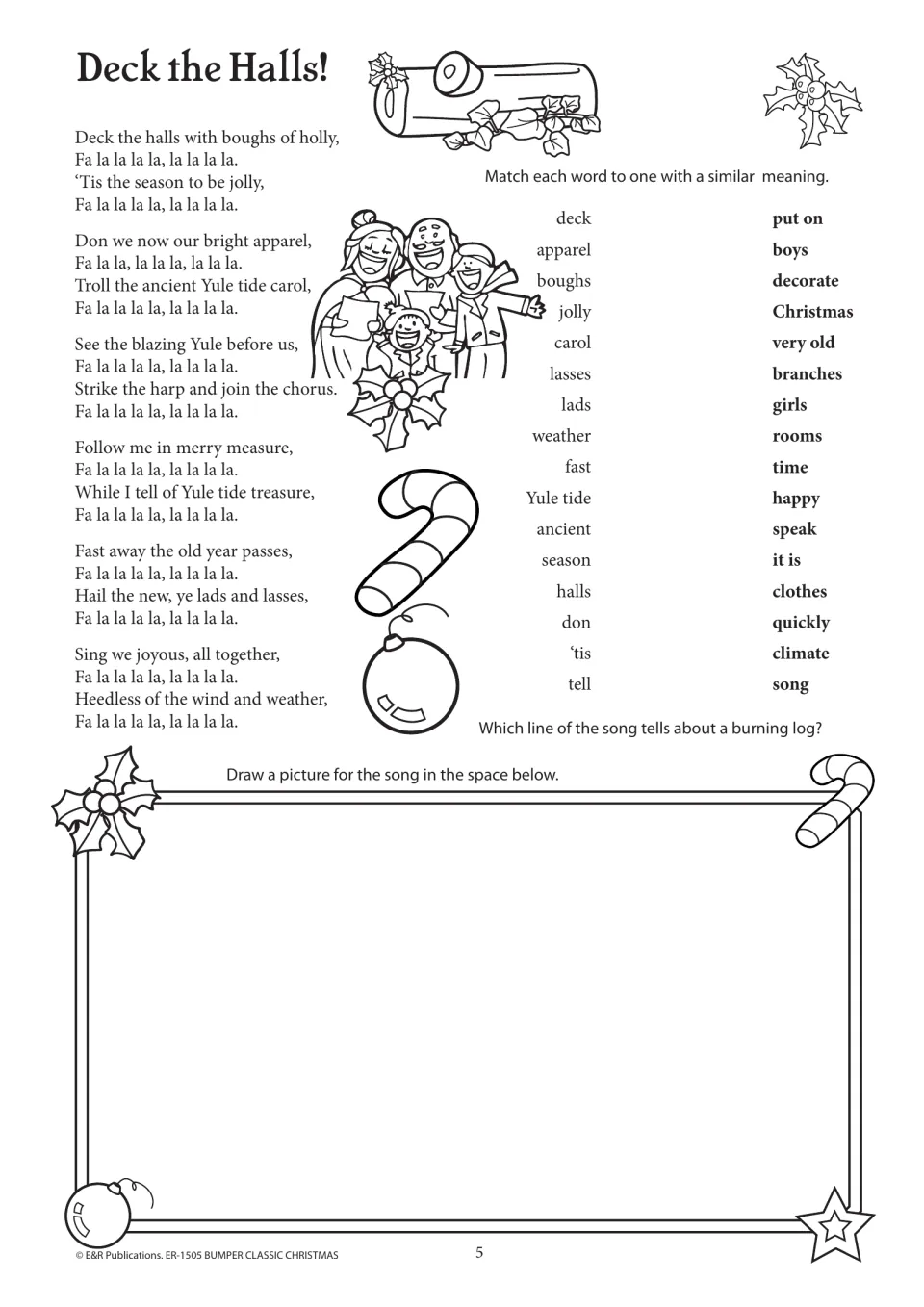 Deck the Halls reading activity pairs carol lyrics with vocabulary matching, a burning-log question, and drawing