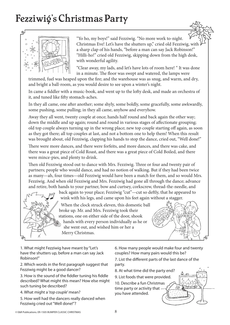 Fezziwig’s Christmas Party reading passage includes ten questions about language, dancing, guests, food, and time