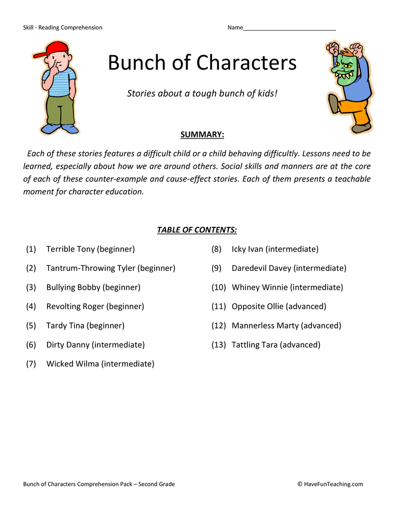 Bunch of Characters Reading Comprehension Test Collection by Teach Simple
