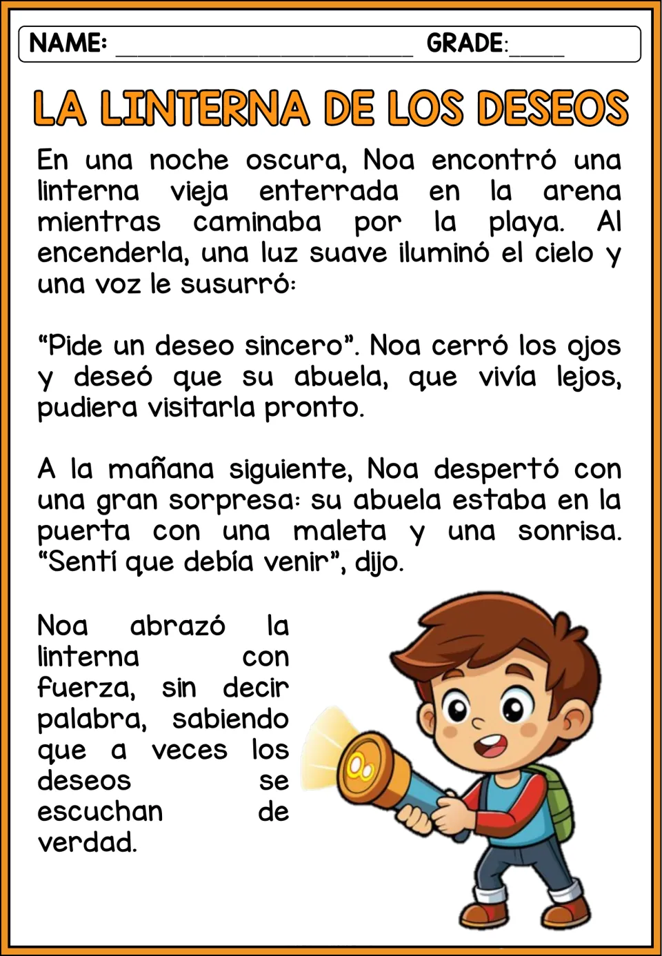 Spanish story 'La linterna de los deseos' (The Wishing Flashlight): Noa wishes for a visit from her grandmother