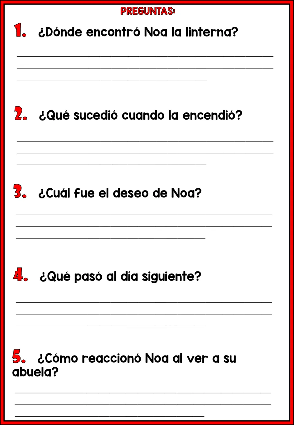 Five Spanish comprehension questions ask about Noa's flashlight, wish, grandmother's visit, and reaction