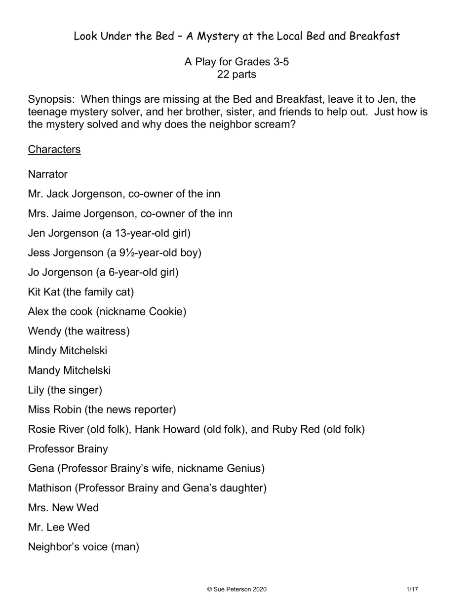 Mystery play synopsis and cast list of 22 parts, including Jen, her family, Kit Kat the cat, and inn guests