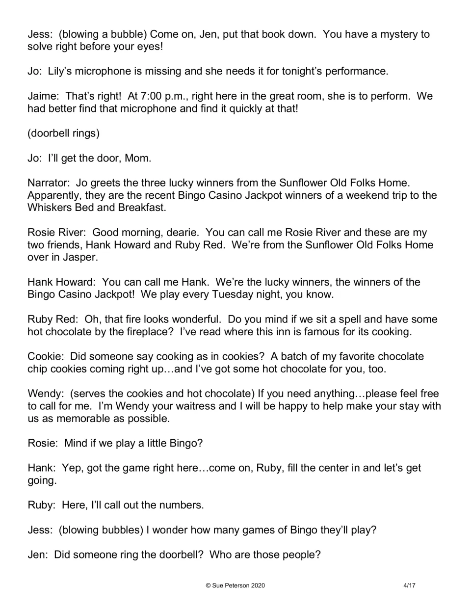 Mystery script introduces Rosie, Hank, and Ruby, three bingo winners arriving for a weekend at the inn