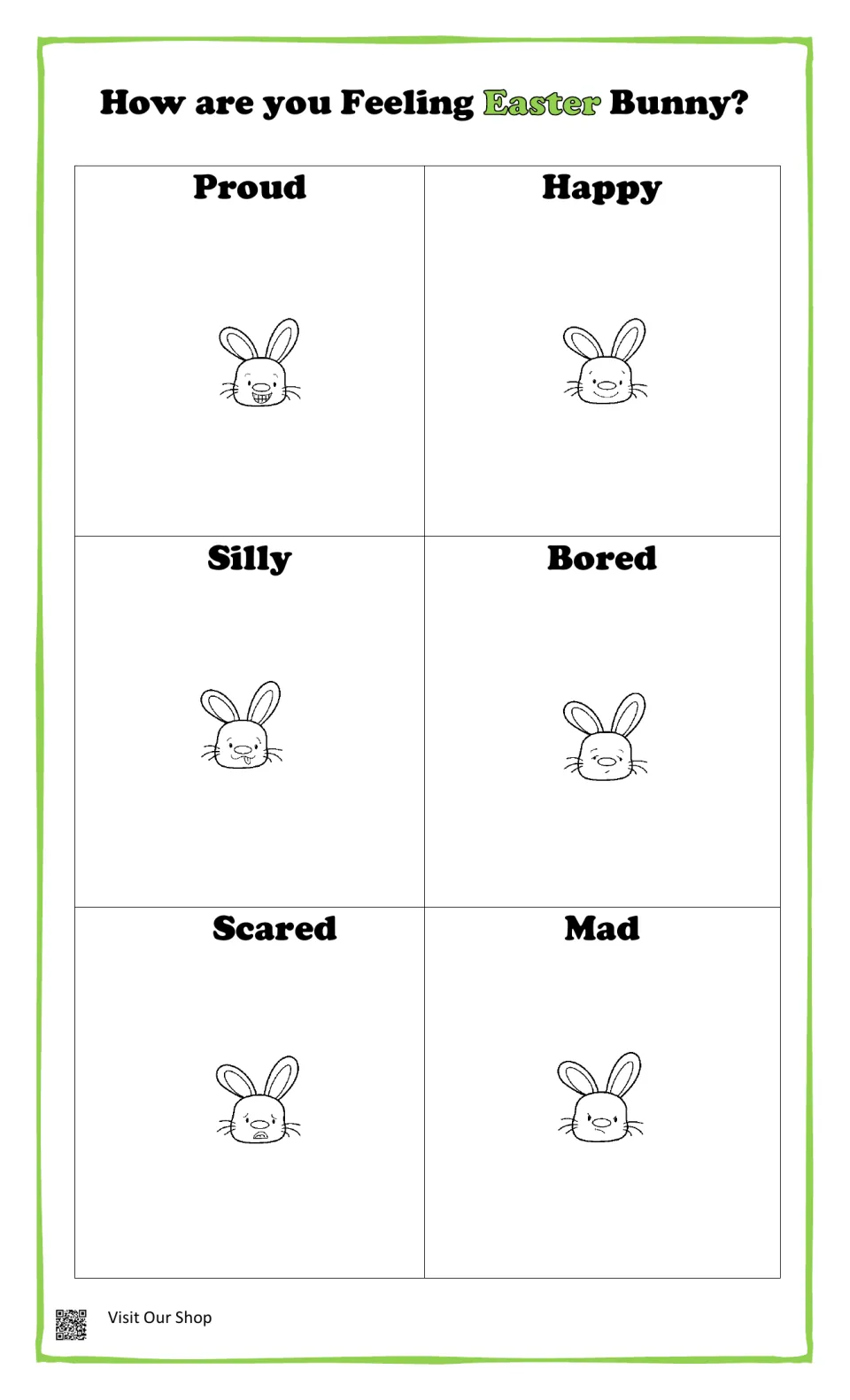 Easter Bunny feelings: students name the emotion on bunny faces labeled proud, happy, silly, bored, scared and mad