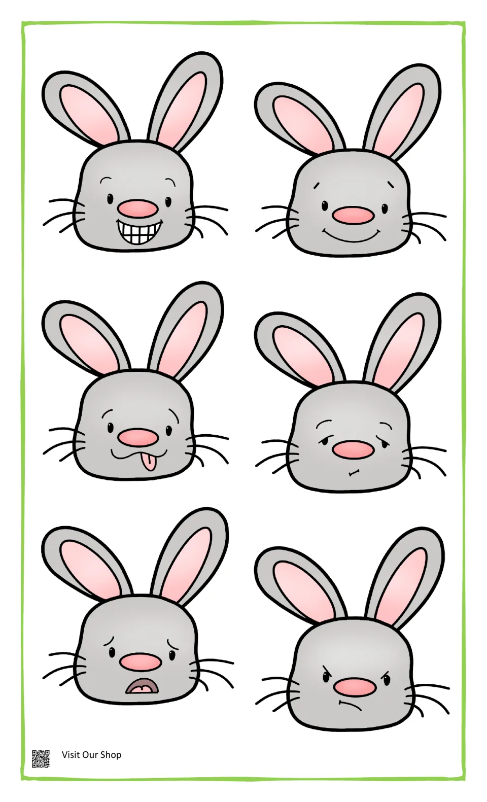 Six color bunny faces showing emotions: a toothy grin, a smile, tongue out, droopy eyes, open-mouthed fear and a frown