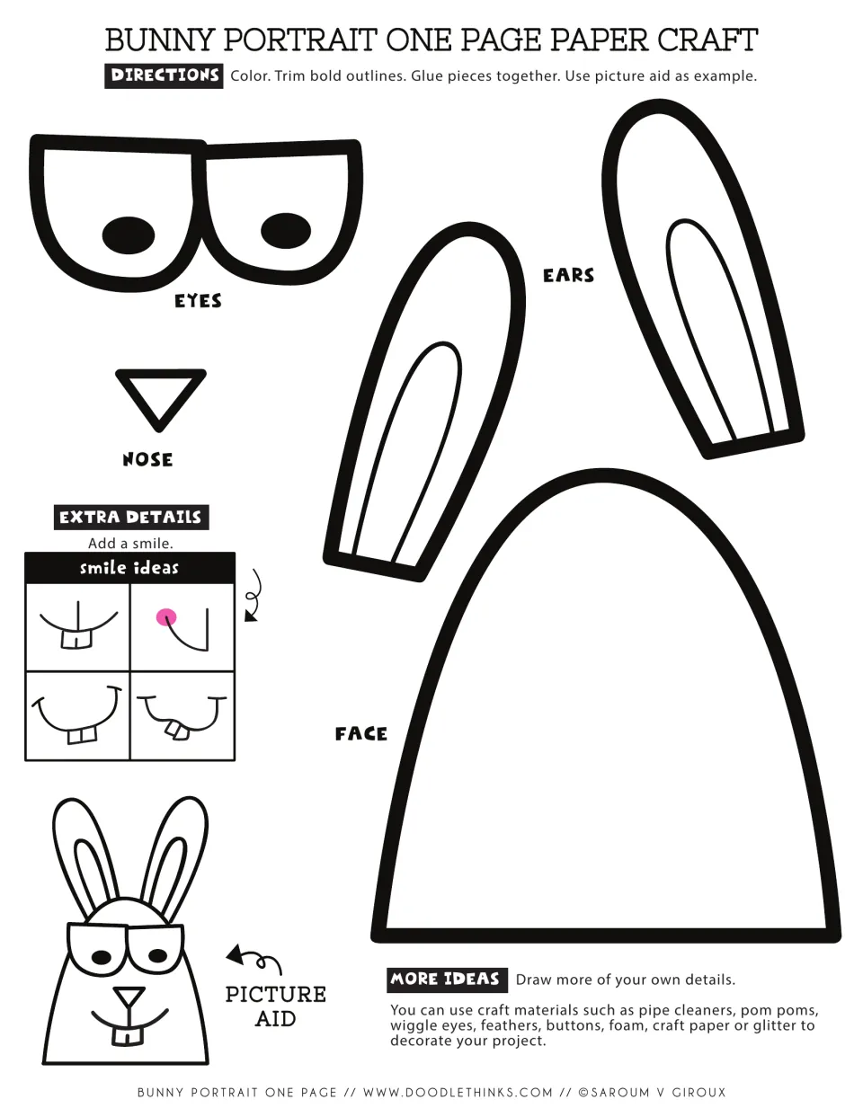 Bunny portrait paper craft: students color, cut and glue eyes, nose, ears and face, adding a smile from 4 smile ideas