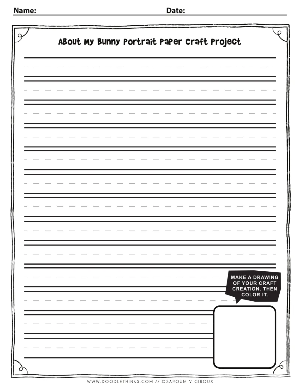 Craft reflection write-up on primary handwriting rules with dashed midlines; students describe their bunny and sketch it