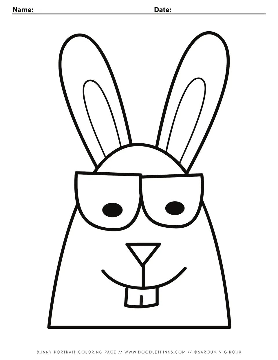 Bunny portrait coloring page: a finished bunny with long ears, square glasses, triangle nose and buck-tooth smile to color
