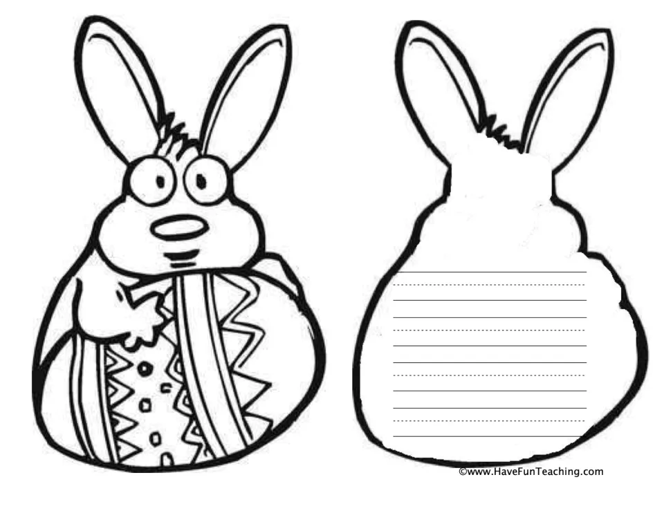 Bunny shape book sheet 1: a bunny holding a patterned egg for the cover and one bunny-shaped writing page