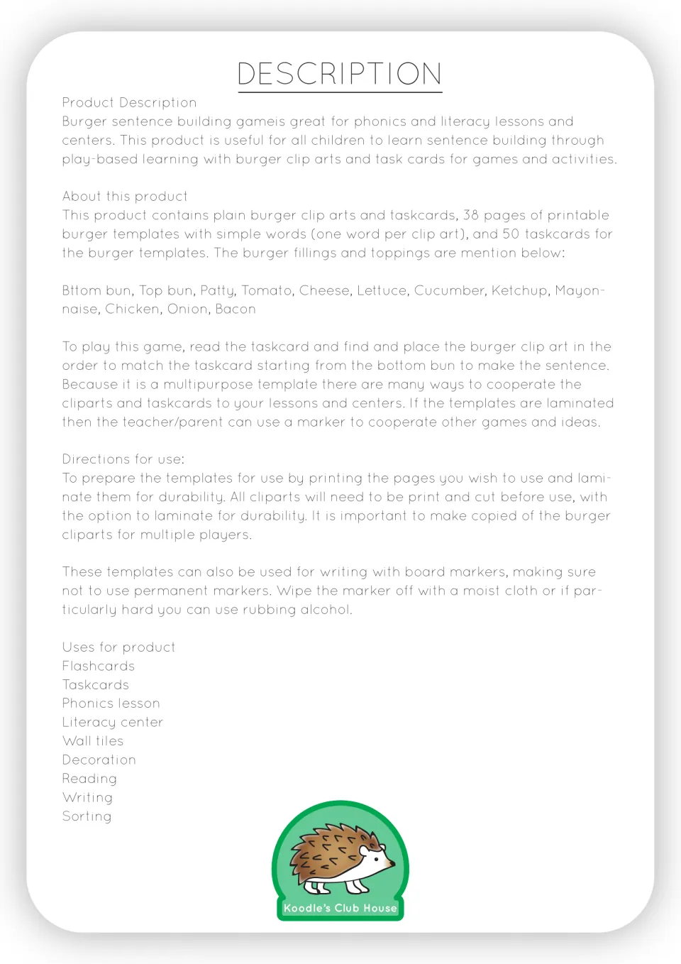 Sentence-building game directions describe 38 pages of word templates, 50 task cards and bottom-up stacking