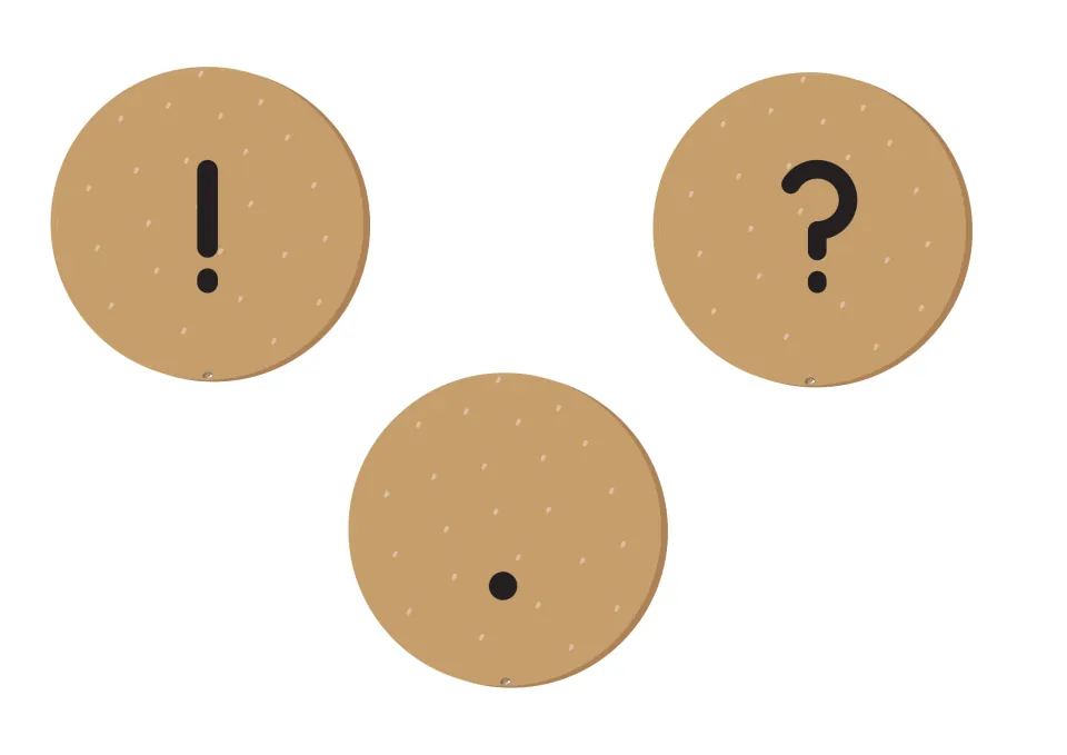 Three top-bun cutouts marked with an exclamation point, question mark and period for finishing burger sentences