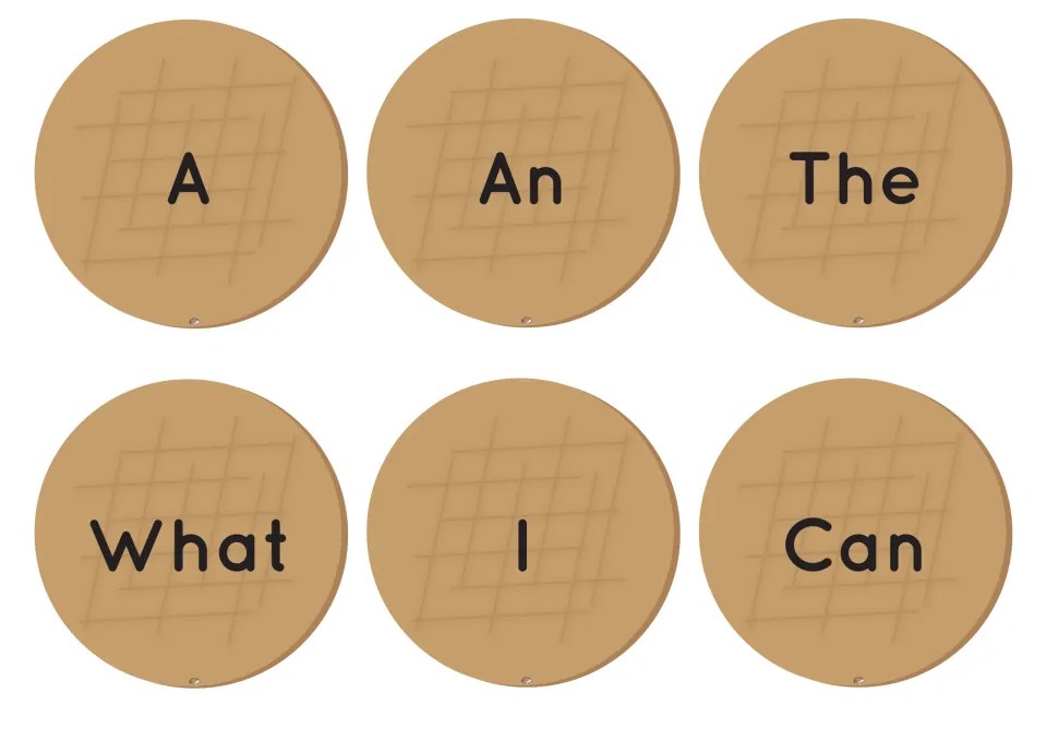 Six bottom-bun word cutouts labeled A, An, The, What, I and Can for starting sentences in the burger game