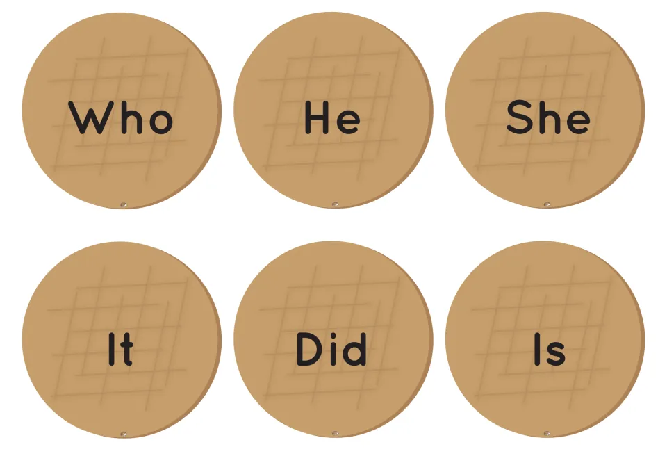 Six bottom-bun word cutouts labeled Who, He, She, It, Did and Is for starting sentences in the burger game