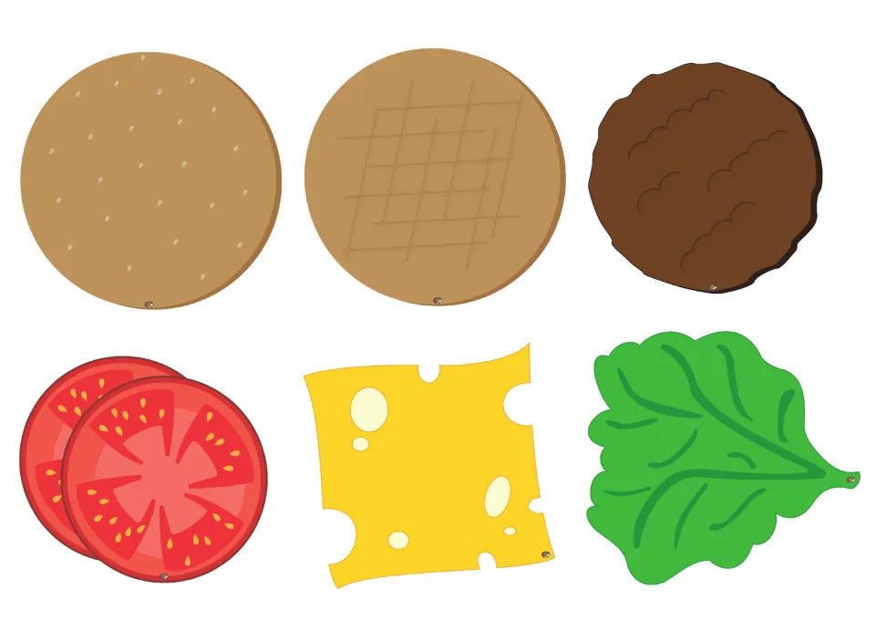 Burger cut-out pieces: bottom bun, top bun, patty, tomato slices, cheese slice and lettuce leaf to cut out for stacking