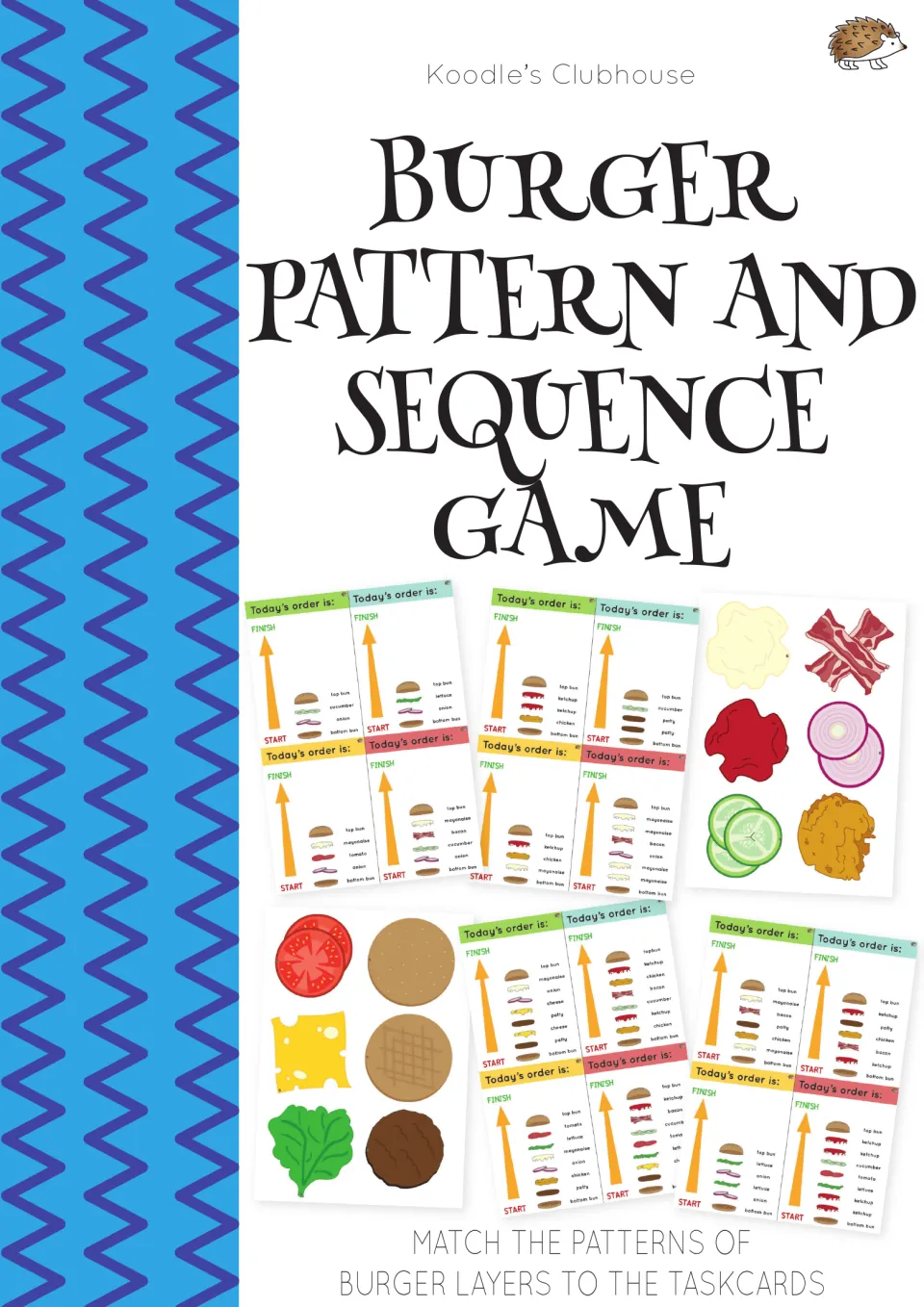 Burger Pattern and Sequence Game cover showing ingredient pieces and task cards for matching burger layers