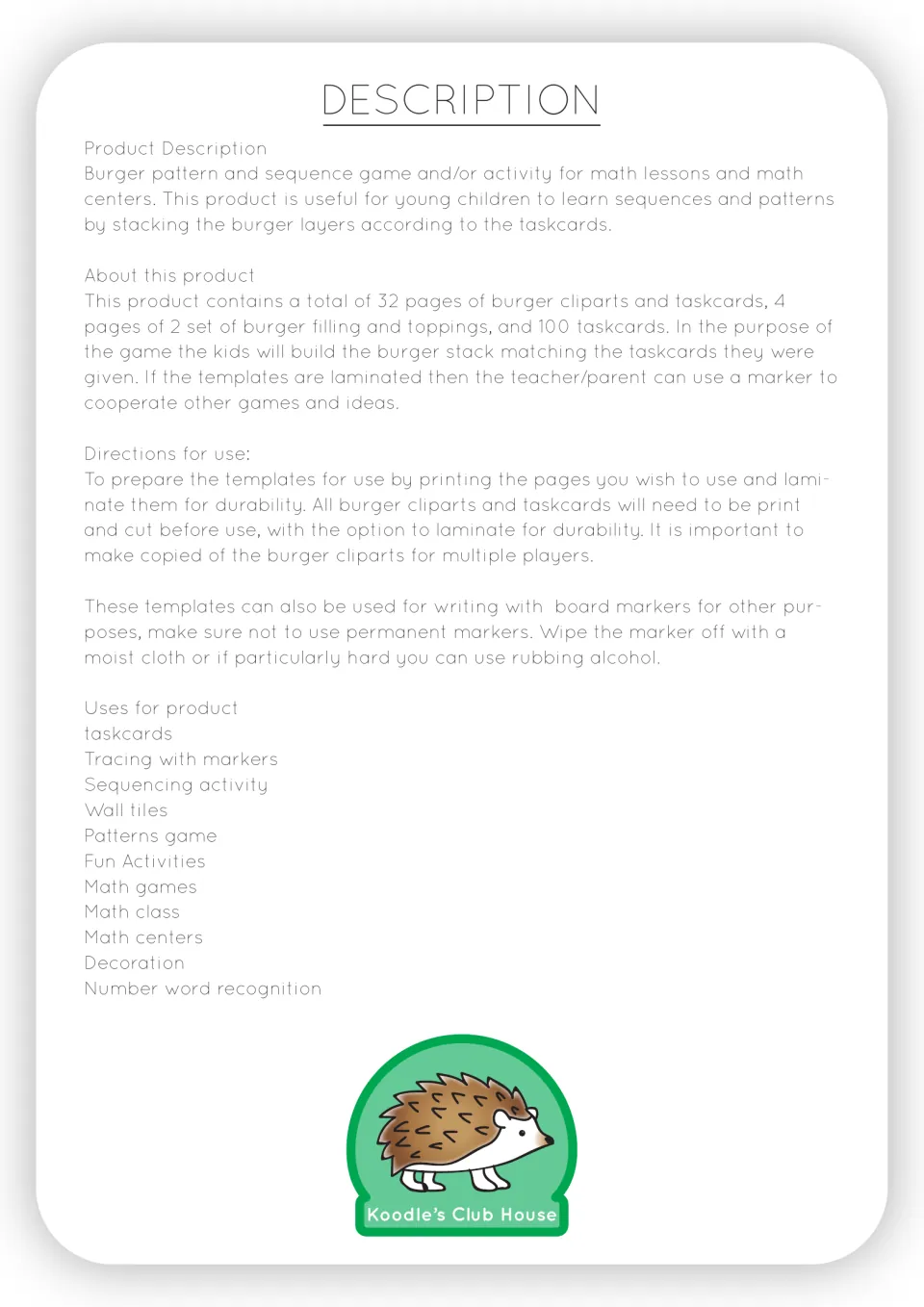 Game description and preparation directions: print and cut burger pieces and task cards; lamination is optional