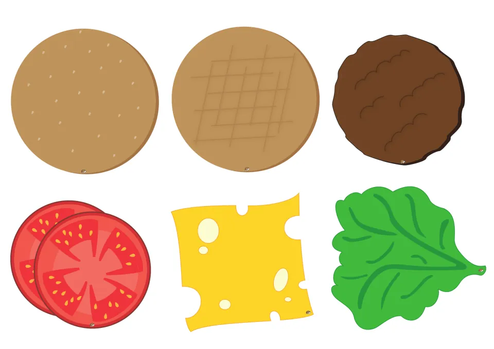 Burger pieces to cut out for matching task cards: top and bottom buns, a patty, tomato, cheese, and lettuce