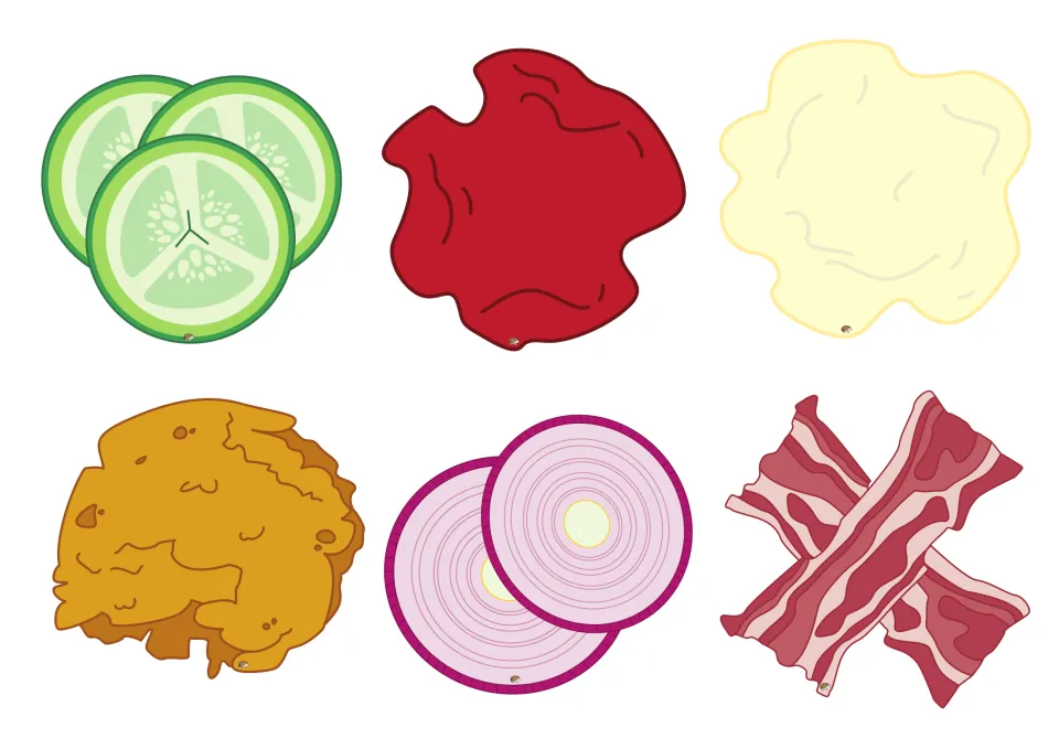 Burger pieces to cut out for matching task cards: cucumber, ketchup, mayonnaise, chicken, onion, and bacon